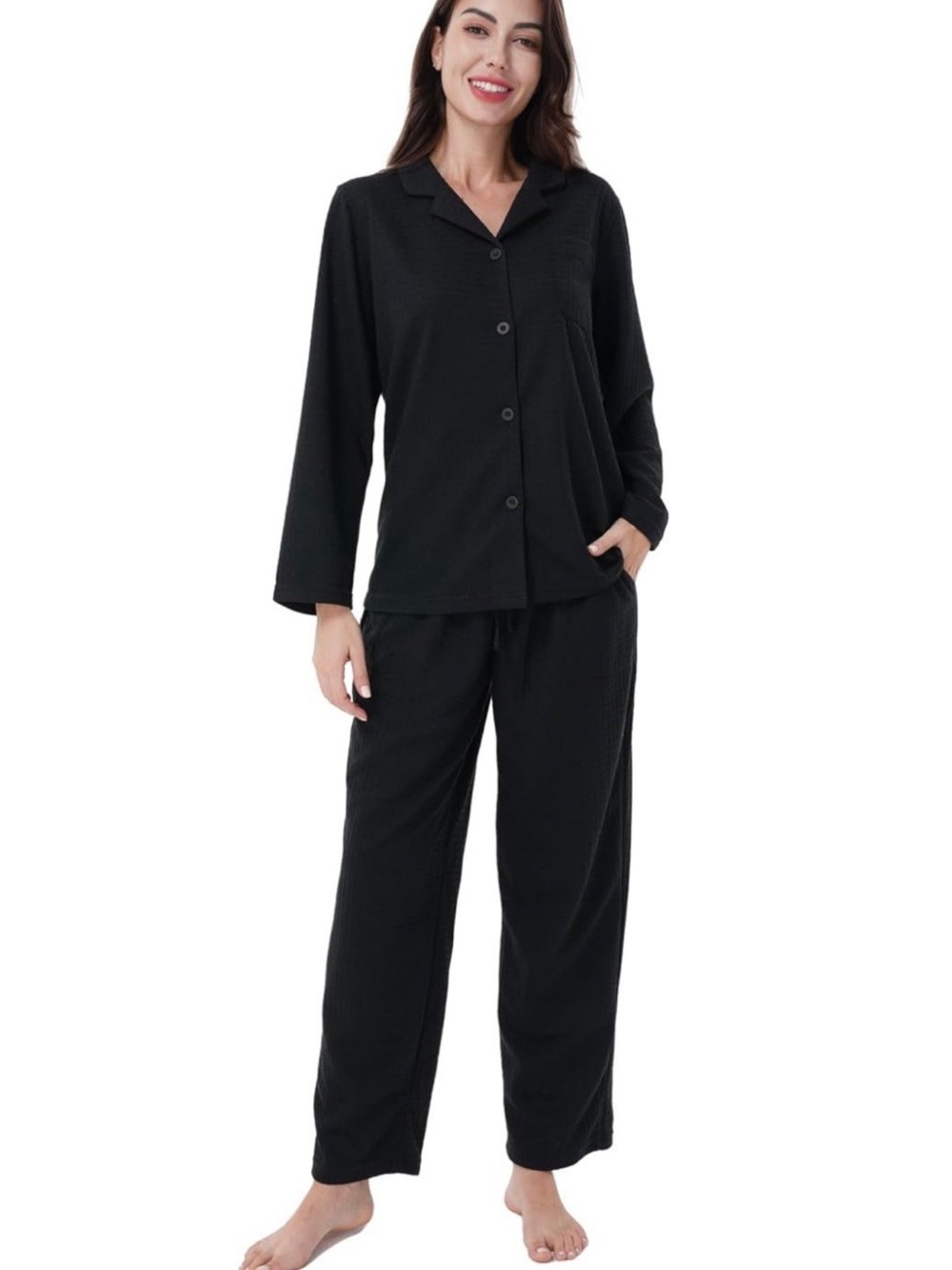 Women's Black Long-Sleeve Button Pajama Set - Relaxed Lounge